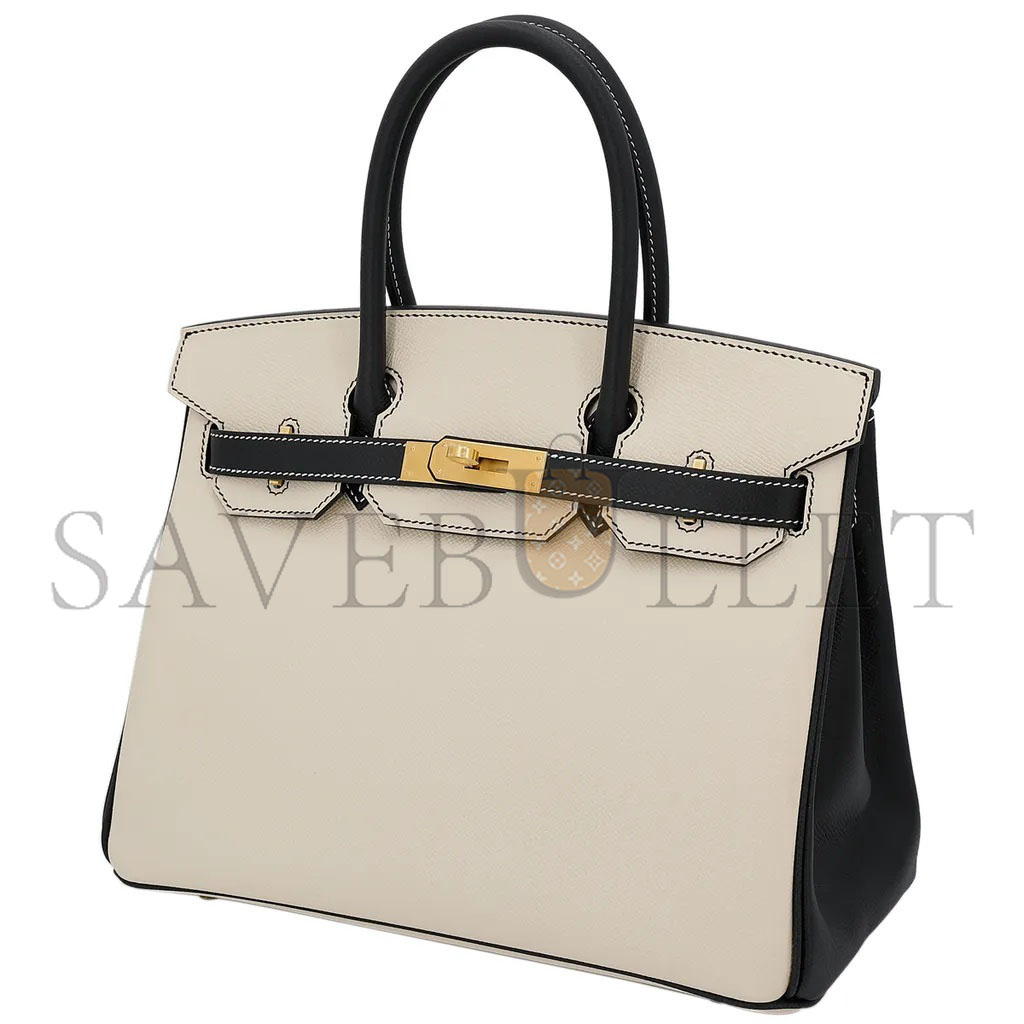 HERMES BIRKIN 30 EPSOM SELLIER MILKSHAKE WHITE AND BLACK SILVER BUCKLE H028368CK5Z (30*23*15cm)